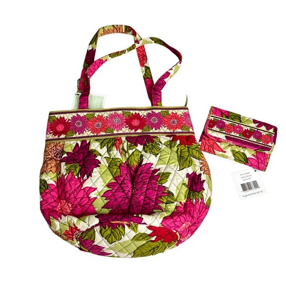 Vera Bradley Hello Dahlia Euro Wallet Floral Quilted Bucket Purse Set Pink Green - Picture 3 of 16